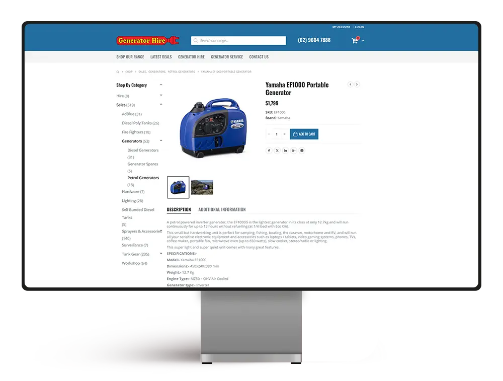 Generator Hire website superimposed on desktop device