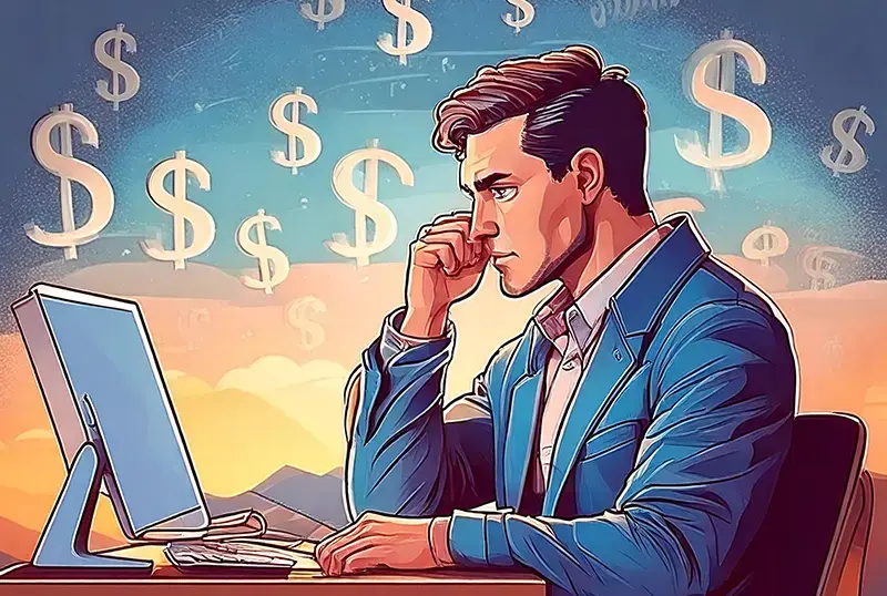 animated image of a business owner sitting at a desk wondering how much a website will cost